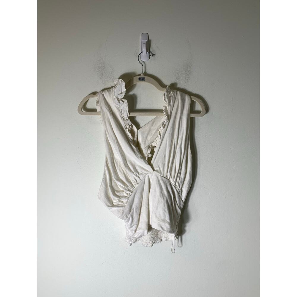 Anthropologie Cream Ruffle-Trim Wrap Front Blouse